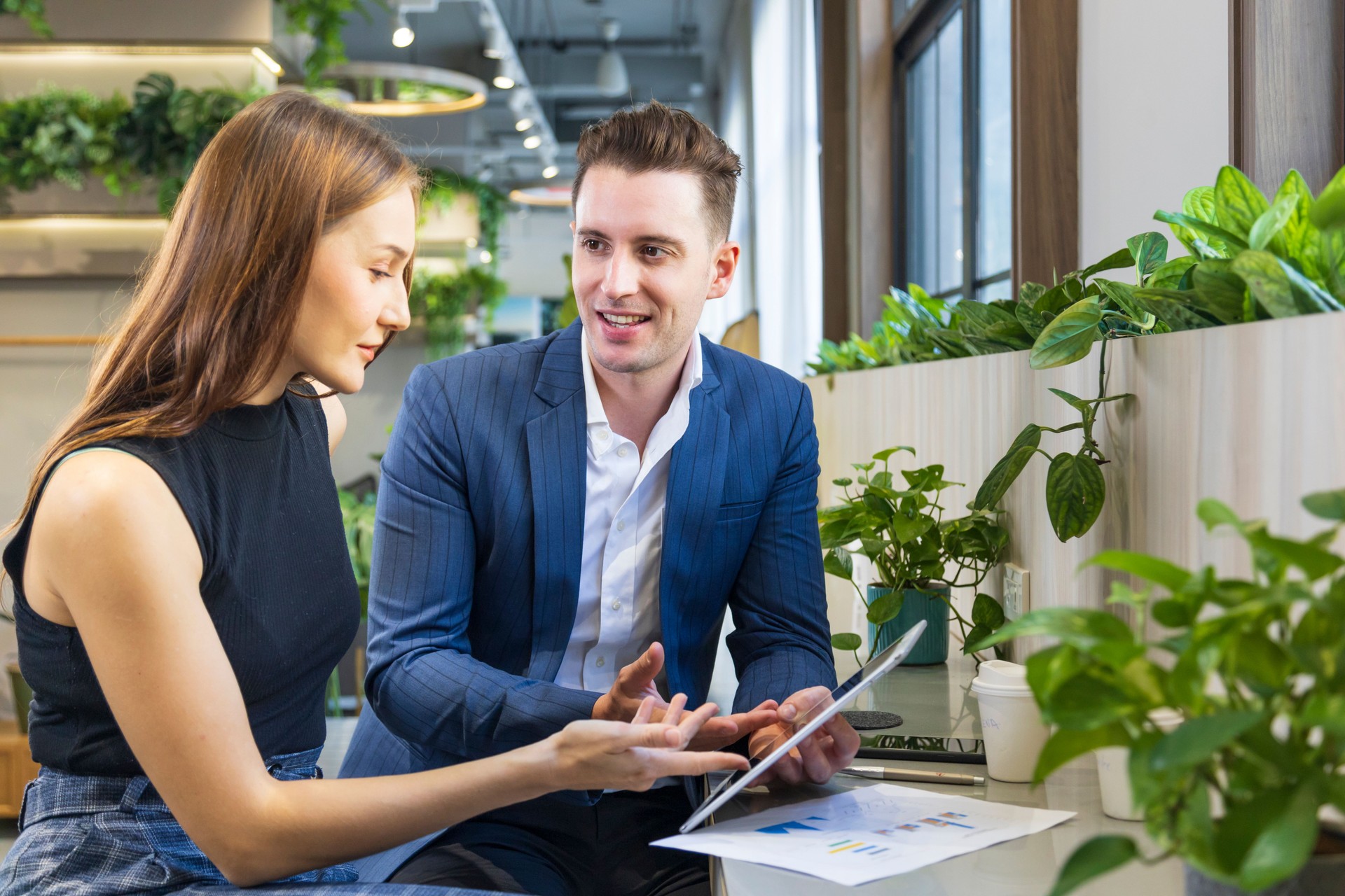 Caucasian business people is working on new strategic planning for next year using laptop while working in green building eco friendly modern working space surrounded by air purifying house plant